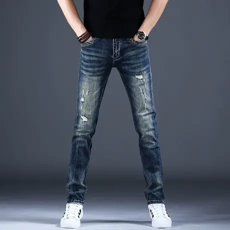 破洞复古水洗牛仔裤男修身小脚韩版男款男士休闲裤子2023新款男款商品大图