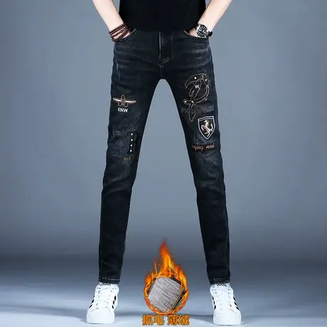 男士秋冬季加绒厚款牛仔裤男款刺绣黑色修身抓绒小脚裤子2023新款图片