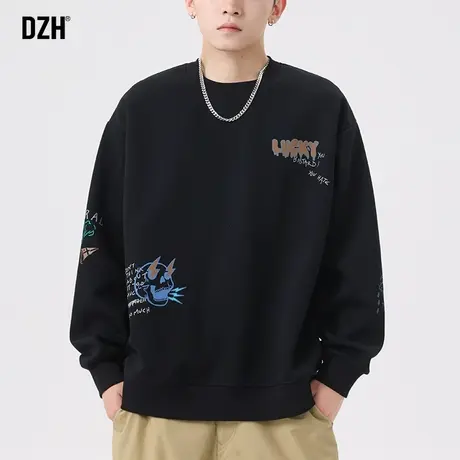 男士黑色卫衣男春秋款潮牌美式长袖套头上衣2023新款男生国潮外套商品大图