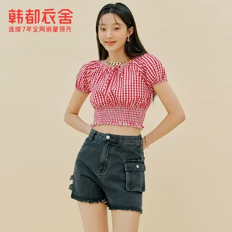 韩都衣舍格纹短款衬衫女夏季新款木耳边收腰上衣EB2100图片