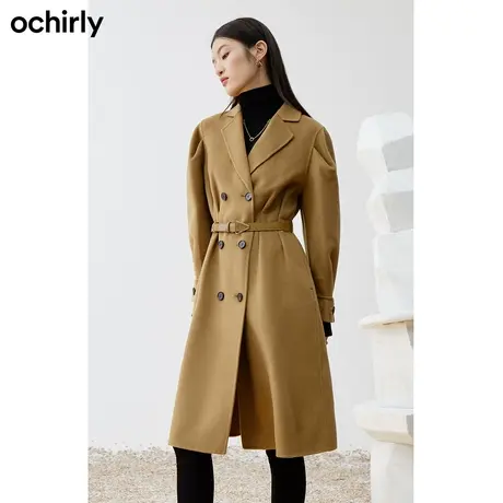 【品牌甄选】欧时力外套22新款秋冬中长款双排扣羊毛呢大衣配腰带商品大图