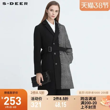 sdeer圣迪奥冬季复古个性平驳领格纹拼接收腰毛呢大衣女S20481704📯图片