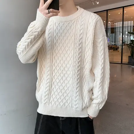 麻花毛衣男圆领韩版潮流针织衫2023新款秋冬厚款青少年提花打底衫商品大图