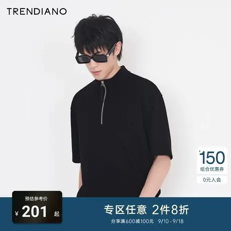 TRENDIANO官方潮牌男装时尚简约百搭高领短袖上衣宽松纯色拉链T恤商品大图