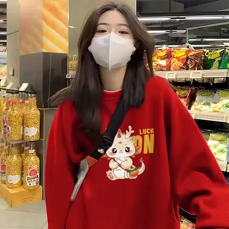 山东即墨复古喜庆过年上衣加绒红色圆领卫衣ins大码加厚国潮外套商品大图