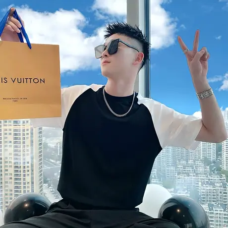 插肩袖撞色T恤男潮牌痞帅炸街拼接夏季2023新款男装潮牌短袖半袖商品大图