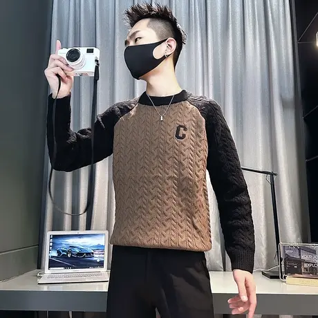 毛衣冬季2023新款潮流韩版拼色打底针织衫加厚插肩袖套头内搭线衣商品大图