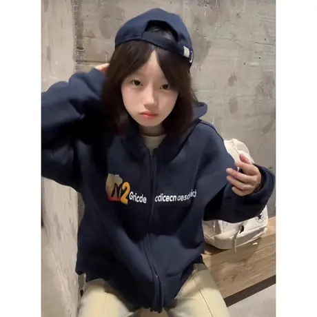 oversize卫衣女秋冬季设计感小众宽松慵懒风连帽加绒加厚开衫外套图片