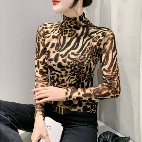 性感豹纹半高领打底衫长袖网纱时尚气质减龄内塔上衣女修身T恤ins商品大图
