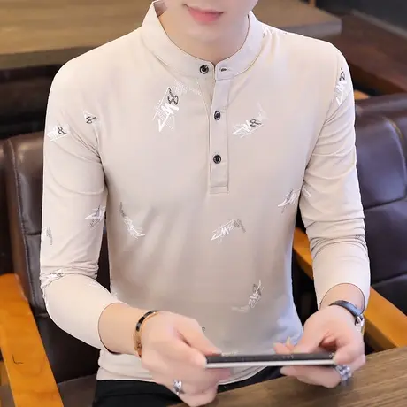 韩版修身青年秋季新款男士翻领Polo衫潮休闲拼接长袖T恤男打底衫商品大图