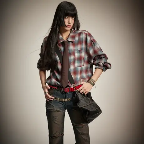 复古潮牌设计感拼色格子衬衫女2024春季新款美式宽松oversize衬衣商品大图