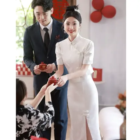 中式旗袍敬酒服2024新款新娘回门白色订婚礼服女秀禾服出阁服嫁衣商品大图