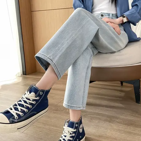 浅蓝色牛仔裤女秋冬2024新款高腰显瘦挽边小个子九分直筒老爹裤子商品大图