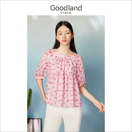 Goodland美地女装2023夏季复古方领珊瑚粉印花收腰娃娃款衬衫图片