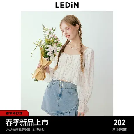 乐町韩系少女感碎花方领长袖上衣2024早春新款超仙设计感雪纺衫图片