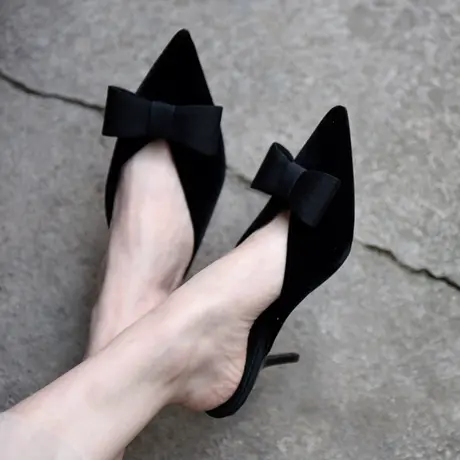 Artmu阿木换季清仓蝴蝶结尖头细跟半拖包头拖丝绒拖鞋2023新款商品大图