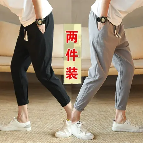 夏季男士休闲裤韩版潮流小脚棉麻九分裤修身亚麻裤运动裤子男薄款商品大图
