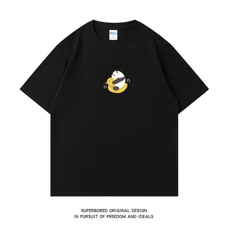 夏季趣味简约卡通熊猫印花短袖T恤男女黑色纯棉短袖ins风情侣上衣图片