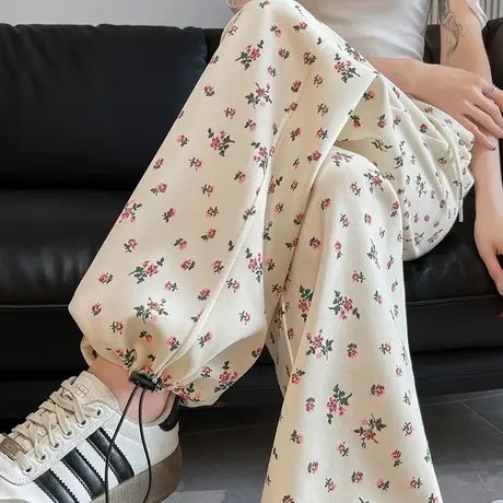 白色碎花休闲阔腿卫裤女春夏小个子慵懒风直筒束脚民族风运动裤子商品大图