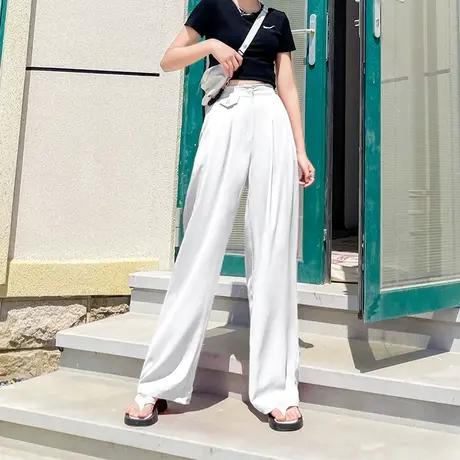 垂感高腰阔腿裤女夏季新款雪纺冰丝直筒薄款宽松休闲显瘦拖地长裤图片
