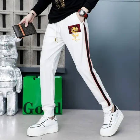 ins玫瑰刺绣休闲裤男士秋季高端潮牌束脚运动裤百搭小脚弹力卫裤商品大图