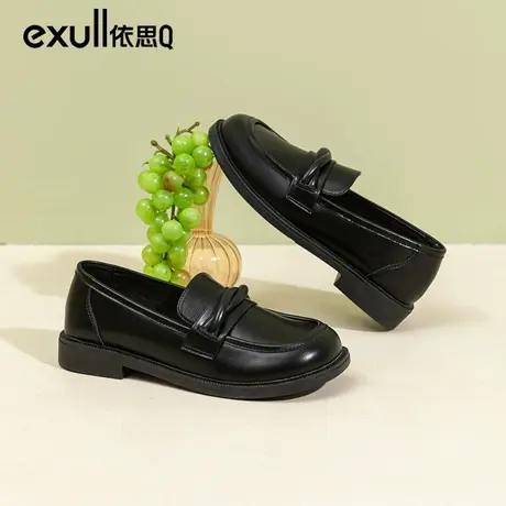 依思q豆豆鞋乐福鞋女2023春秋新款女鞋一脚蹬中口单鞋黑色小皮鞋商品大图