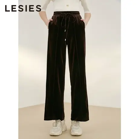 LESIES蓝色倾情春秋女装新款黑咖两色松紧腰系带丝绒阔腿裤长裤图片
