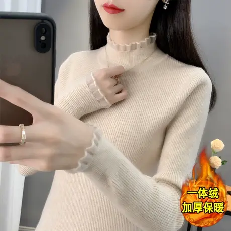 加绒半高领毛衣女加厚打底衫2023秋冬新款修身内搭上衣蕾丝针织衫图片
