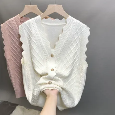 2023秋季韩版新款宽松V领纯色百搭针织马甲无袖开衫毛衣背心女商品大图