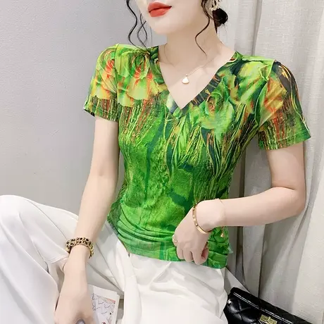 气质印花T恤女短袖2023夏装新款性感V领网纱小衫修身显瘦别致上衣商品大图