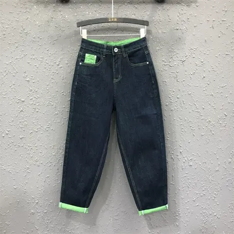 深蓝减龄休闲老爹裤欧货女2023春秋新款宽松显瘦高腰牛仔哈伦裤潮商品大图