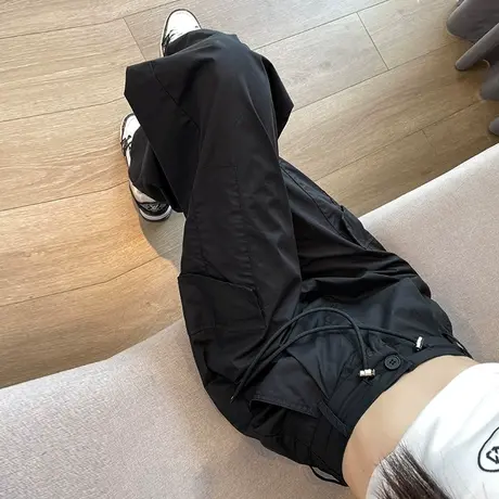 黑色工装裤女加绒秋冬高腰显瘦宽松束脚高街抽绳直筒阔腿休闲裤潮商品大图