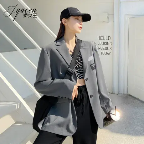 西装外套女2023秋季新款复古英伦风宽松休闲高级感灰色宽肩小西服图片