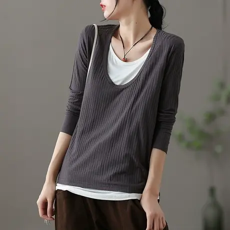 dza薄款假两件长袖t恤女秋新款洋气内搭针织打底衫宽松显瘦短上衣商品大图