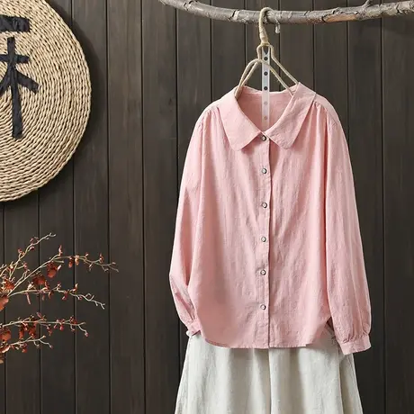 枫谜2022年春装新款文艺简约方领棉麻长袖衬衫女休闲宽松百搭上衣图片