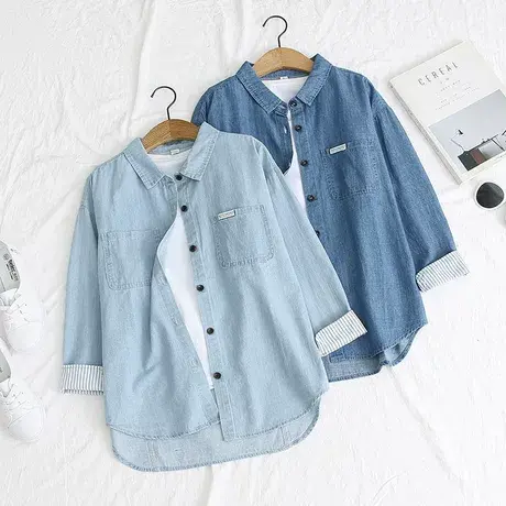 拼接牛仔衬衫女春秋季韩版双口袋衬衣长袖打底内搭宽松百搭上衣潮商品大图
