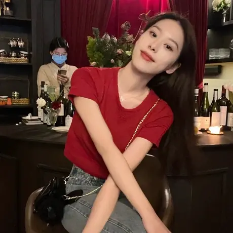 红色修身正肩短袖t恤女夏夏季短款紧身高腰露脐纯棉美式辣妹上衣商品大图