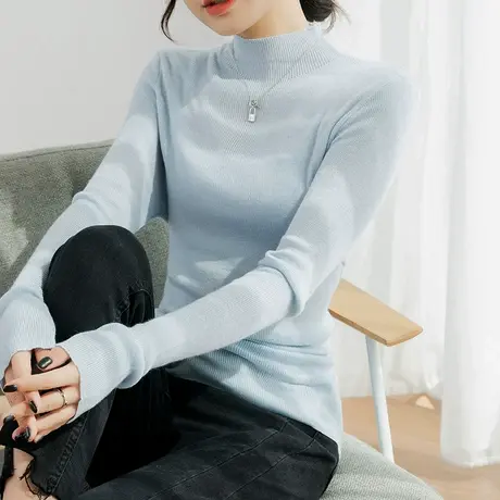半高领薄款针织羊毛衫女2023秋冬新款纯色修身打底衫韩版套头上衣商品大图