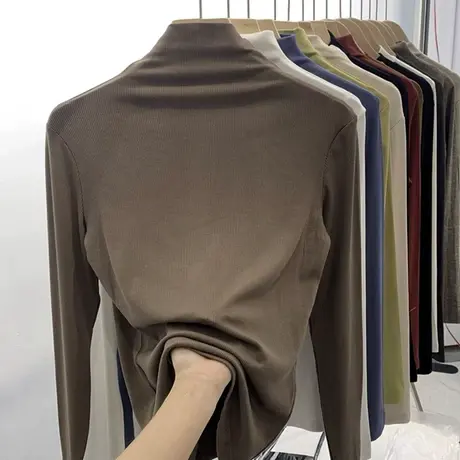 欧货螺纹半高领长袖t恤女2023新款早秋修身洋气内搭打底小衫上衣商品大图