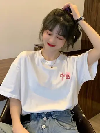 白色仿棉国潮t恤女短袖夏季2023年新款港风ins潮牌设计感小众上衣图片
