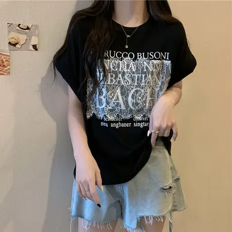 美式复古短袖t恤女夏季2023年新款宽松蕾丝打底衫设计感小众上衣商品大图