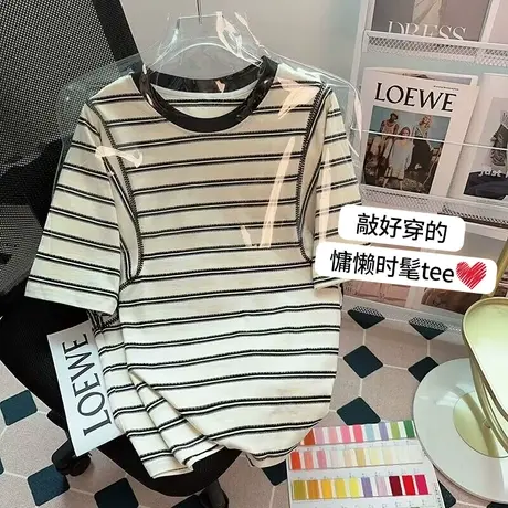 美式复古条纹短袖t恤女夏季新款设计感小众港风韩版宽松百搭上衣商品大图