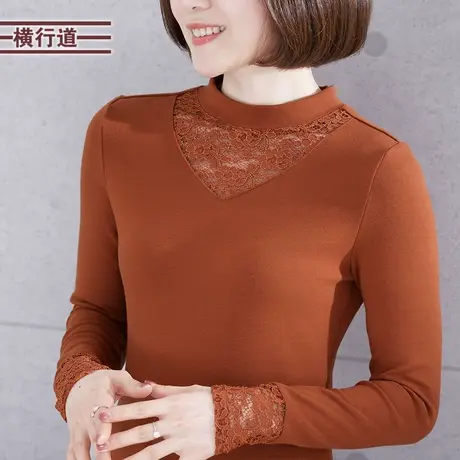 半高领简约打底衫纯色长袖t恤女蕾丝上衣减龄中年妈妈冬装新款商品大图