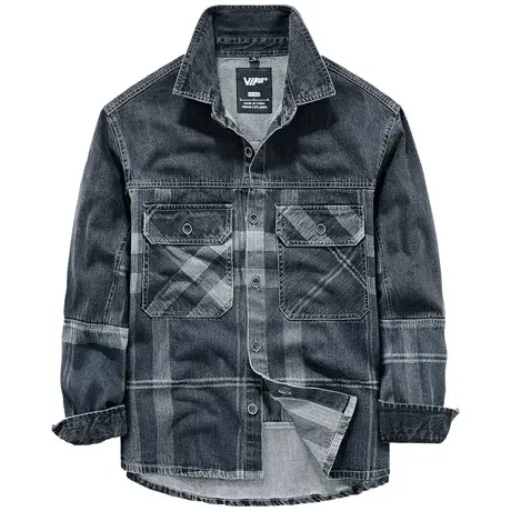 VIP格子牛仔衬衫男士长袖格纹休闲工装衬衣外套春秋宽松上衣潮流图片