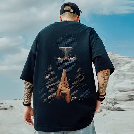 日系卡通潮流短袖男宽松加大码oversize嘻哈高街夏季纯棉重磅t恤商品大图