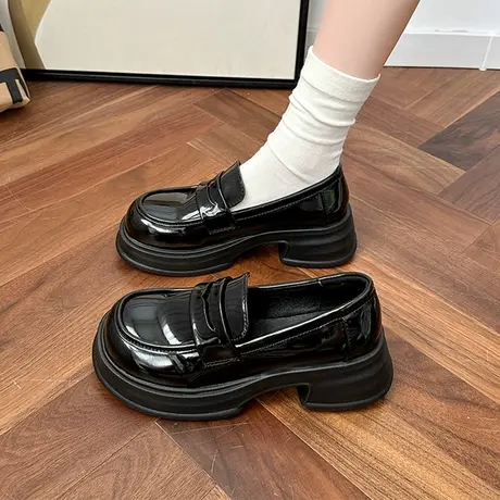 复古英伦风夏季法式小皮鞋女2023新款圆头百搭厚底增高乐福单鞋子商品大图