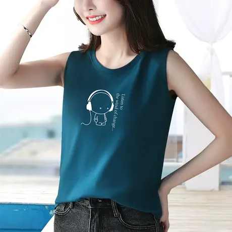 蓝色宽肩吊带背心女夏外穿2024新款直筒大码内搭无袖卡通印花t恤图片