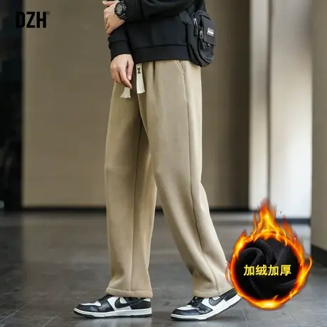 男士卡其色加绒裤子男冬款2024新款摇粒绒卫裤直筒休闲裤运动长裤商品大图