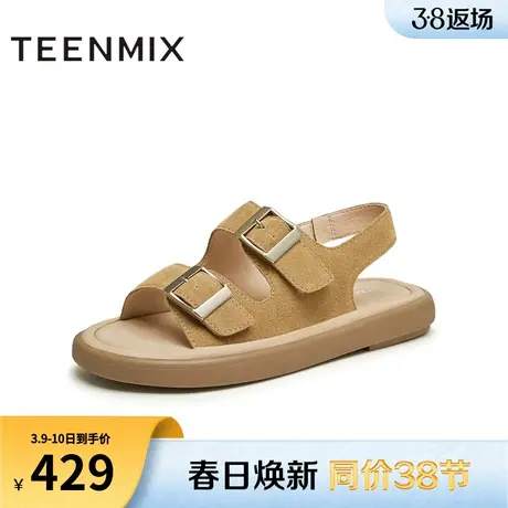 天美意一字带复古平底凉鞋女外穿休闲时装凉鞋夏新款BJ051BL4图片