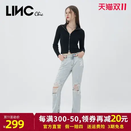 LINC金羽杰牛仔裤2023秋季新款酷感个性浅色印花直筒裤子商场同款商品大图